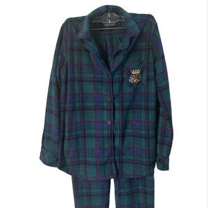 Lauren Ralph Lauren RLL Pajama Set SZS Embroidered Logo Green Plaid 2 piece Set